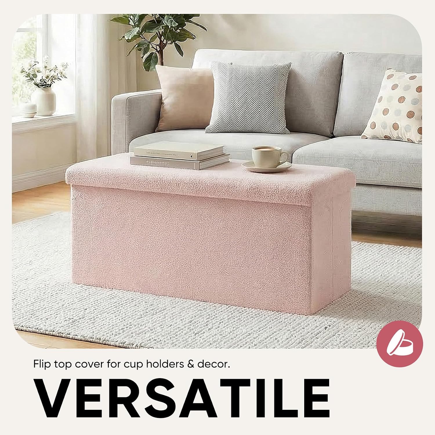 30 Inches Storage Ottoman Bench - Square Ottoman with Sherpa Top,Storage Bench for Bedroom 30" L x 15" W x 15" H - Pink