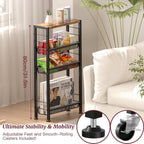 Slim Rolling Cart, 4-Tier Narrow Kitchen Storage Cart, Slim Utility Cart on Wheel, Skinny Bathroom storage cart with Wood Tabletop, 6.0" Deep, For Kitchen, Dining Room, Living Room, Laundry Room