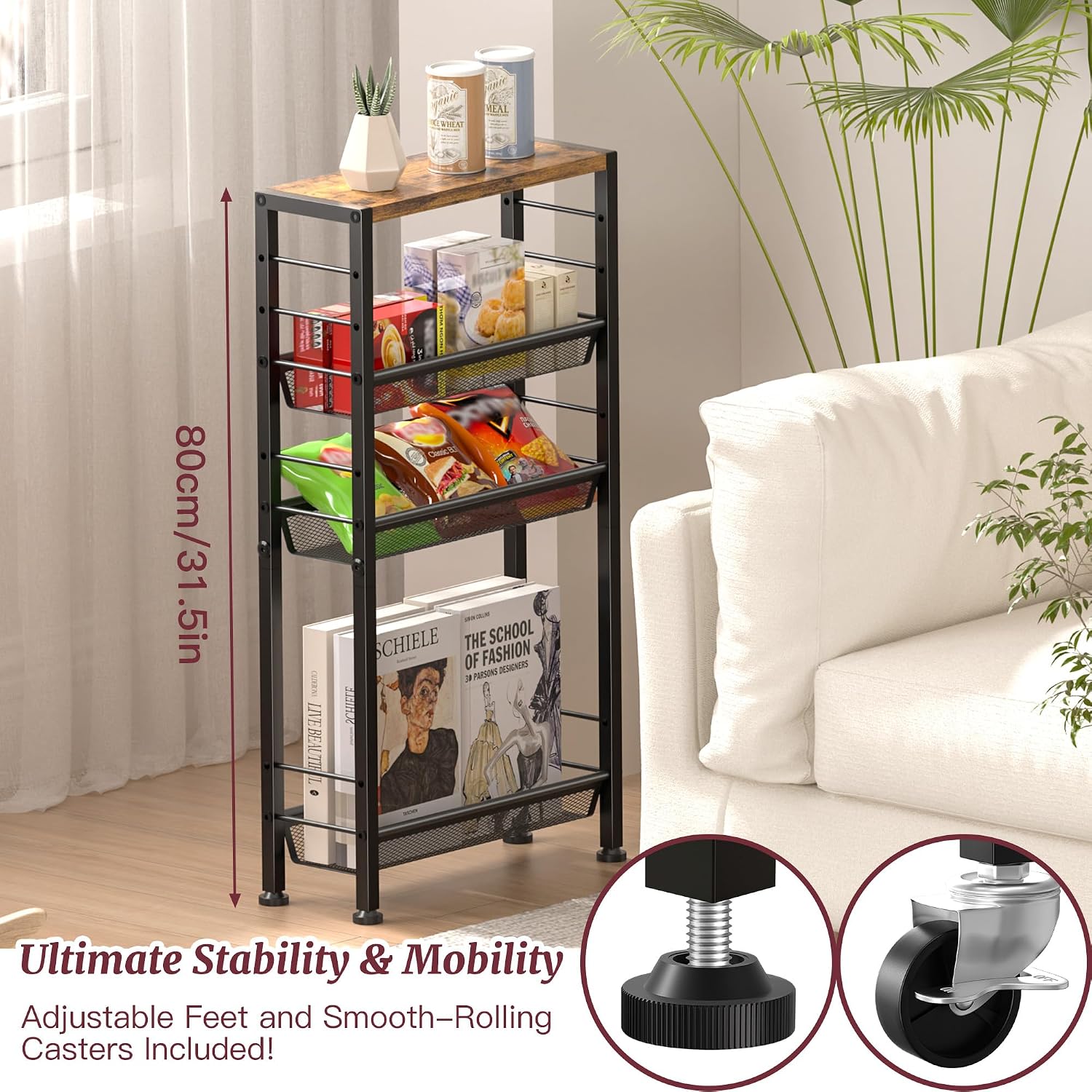 Slim Rolling Cart, 4-Tier Narrow Kitchen Storage Cart, Slim Utility Cart on Wheel, Skinny Bathroom storage cart with Wood Tabletop, 6.0" Deep, For Kitchen, Dining Room, Living Room, Laundry Room