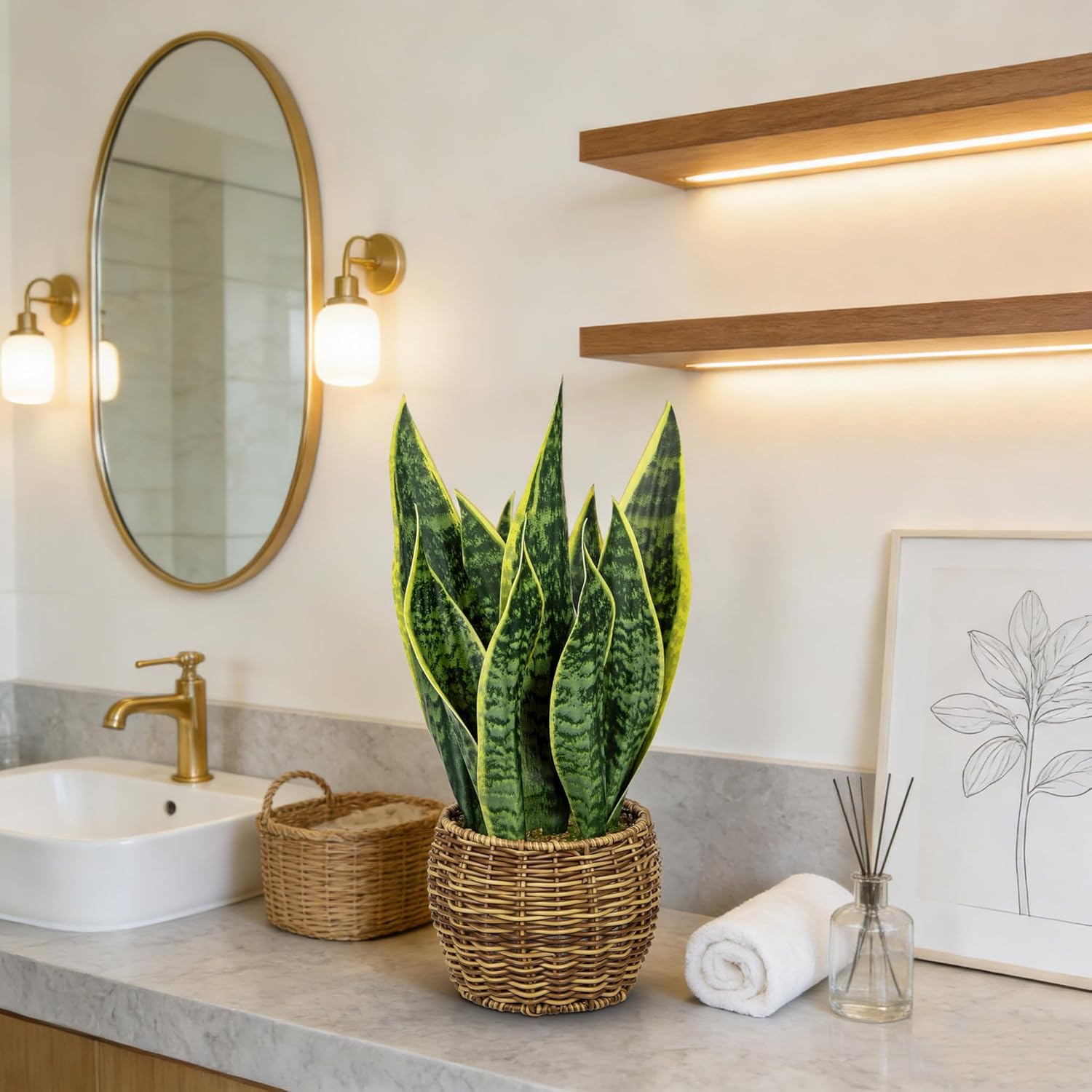 Hollyone Artificial Snake Plant in Woven Basket 17" Faux Sansevieria Trifasciata Plants Large Fake Snake Plants Potted for Home Office Room Farmhouse Indoor Decor Housewarming Gifts