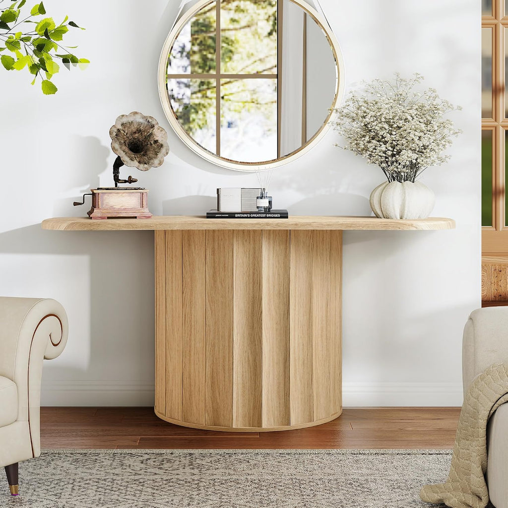 59'' Fluted Console Table for Entryway, Narrow Console Table Wooden Sofa Tables Behind Couch, Modern Curved Accent Table for Hallway, Living Room, Entrance, Foyer (Natural)