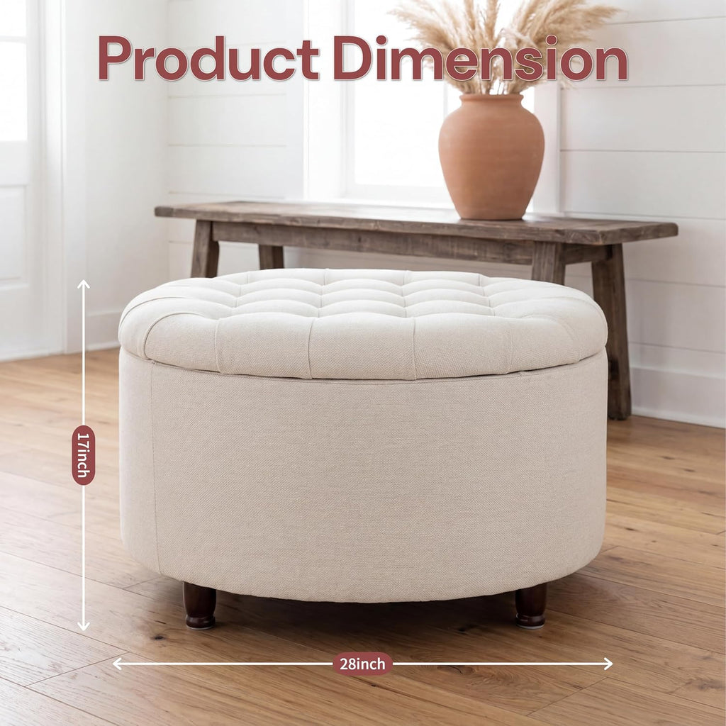 28" Round Ottoman, Modern Ottoman with Storage, Tufted Upholstered Footstool with Wooden Legs, Round Coffee Table w/Removable-Top, Chenille Footrest for Living Room, Bedroom, Apartment, White