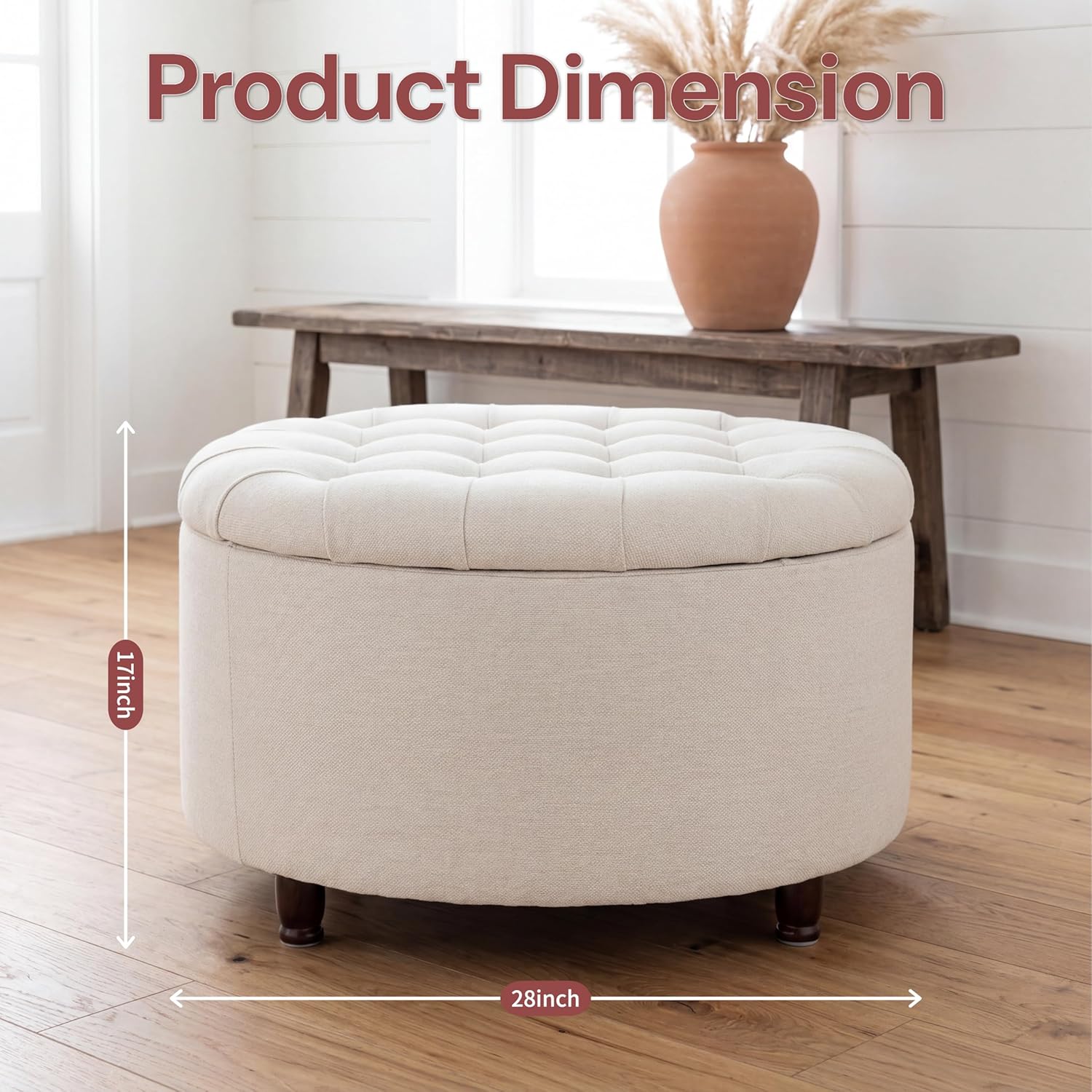 28" Round Ottoman, Modern Ottoman with Storage, Tufted Upholstered Footstool with Wooden Legs, Round Coffee Table w/Removable-Top, Chenille Footrest for Living Room, Bedroom, Apartment, White