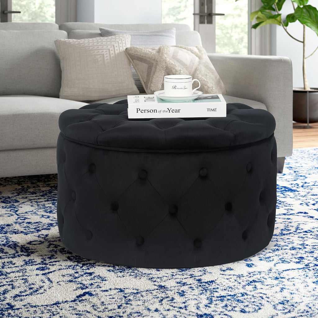 Joveco Round Storage Ottoman, Button Tufted Upholstered Ottoman with Removable Top, Storage Bench Coffee Table Footrest Stool for Living Room Bedroom Entryway (Black,M)