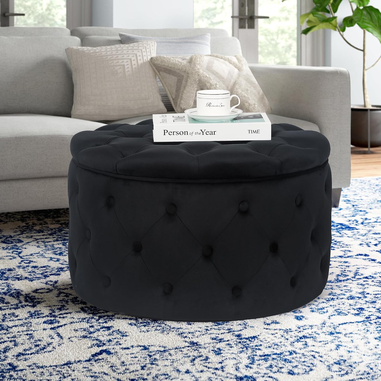 Joveco Round Storage Ottoman, Button Tufted Upholstered Ottoman with Removable Top, Storage Bench Coffee Table Footrest Stool for Living Room Bedroom Entryway (Black,M)