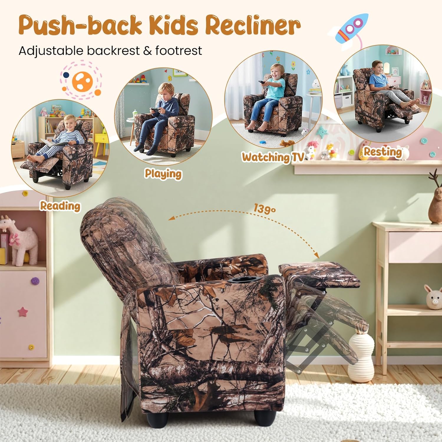 HONEY JOY Kids Recliner, 2-in-1 Toddler Armrest Sofa Couch with Cup Holders, Adjustable Footrest, Velvet Fabric, Child-Size Recliner Chair for Boys Girls Age 3+ (Leaf Color)