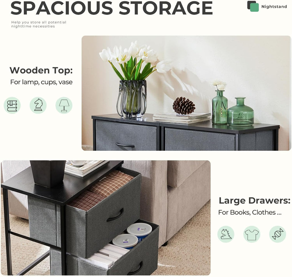 Fabric Dresser 2 Drawers, Nightstands with Adjustable Feet, End Table for Bedroom, Set of 2 - Modern Storage Cabinets