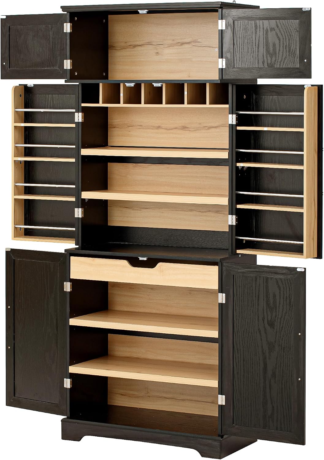 78.2" Tall Farmhouse Kitchen Pantry Cabinet with Adjustable Shelves, Storage Cupboard with 8 Door Shelves and Hidden Drawer, Kitchen Hutch with Wine Rack for Dining Room, Bathroom, Black