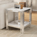 19" White Marble Side Table, 2-Tier Square Modern End Table with Silver Stainless Steel Metal Leg, Luxury Small Sofa Table for Living Room, Home Office