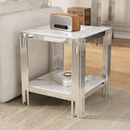 19" White Marble Side Table, 2-Tier Square Modern End Table with Silver Stainless Steel Metal Leg, Luxury Small Sofa Table for Living Room, Home Office
