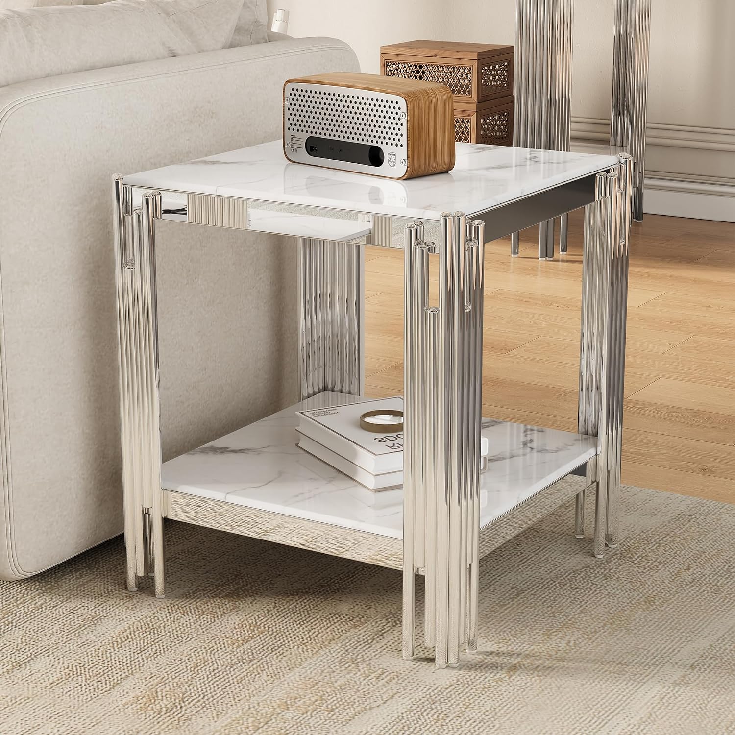 19" White Marble Side Table, 2-Tier Square Modern End Table with Silver Stainless Steel Metal Leg, Luxury Small Sofa Table for Living Room, Home Office