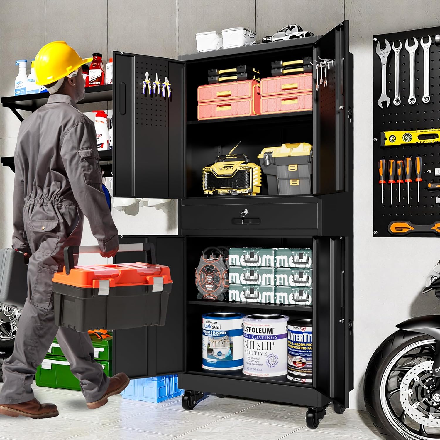 Rolling Tool Cabinet with Pegboard and Drawer, 71" Tool Cabinets with 2 Adjustable Shelves for Garage, Tool Room, Assembly Required(Black)