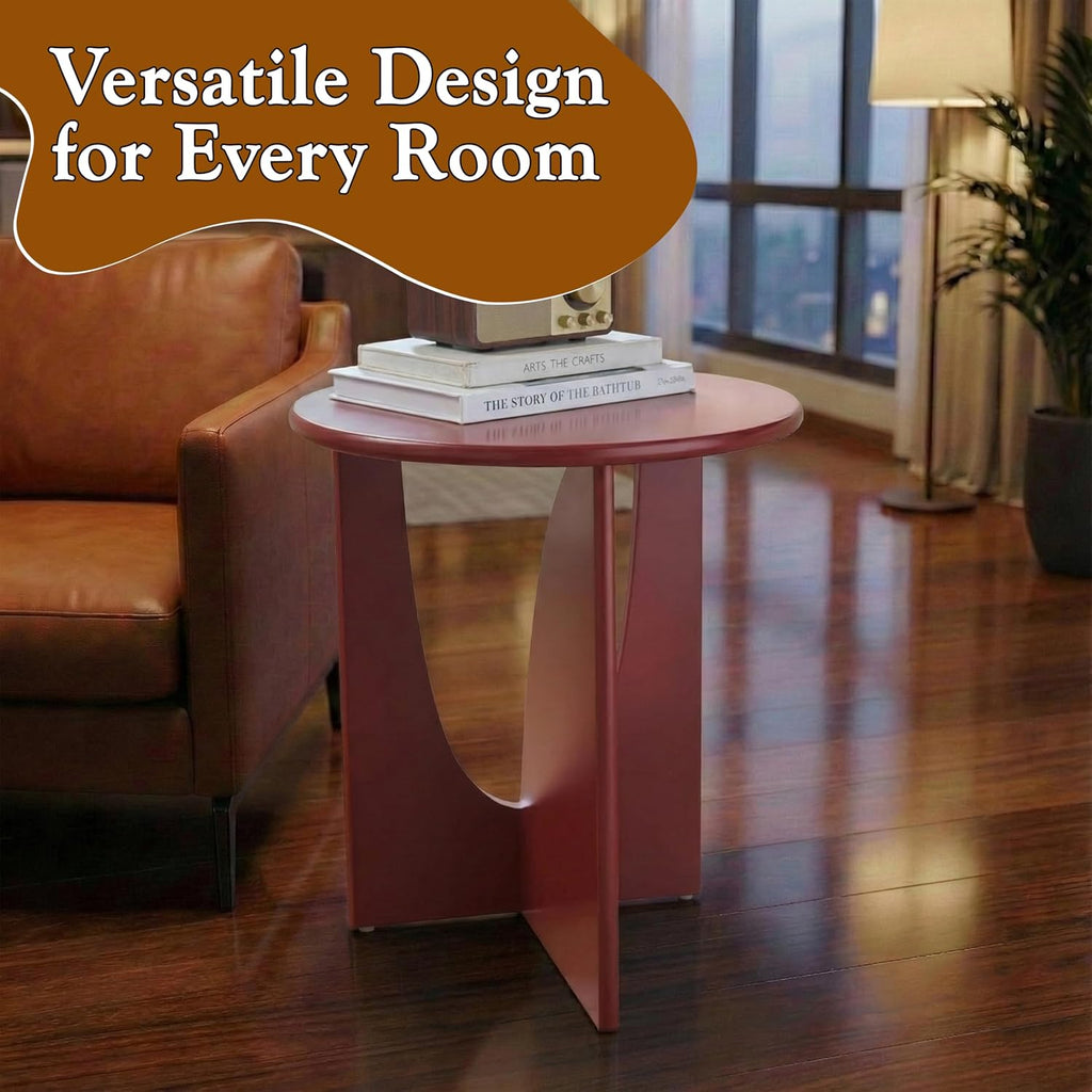KB Designs - Side End Table Modern Round Wood Accent Table with Sculptural U Shaped Base Compact Furniture for Living Room Bedroom Office Side Table for Small Spaces Home Decor Accent (Red)
