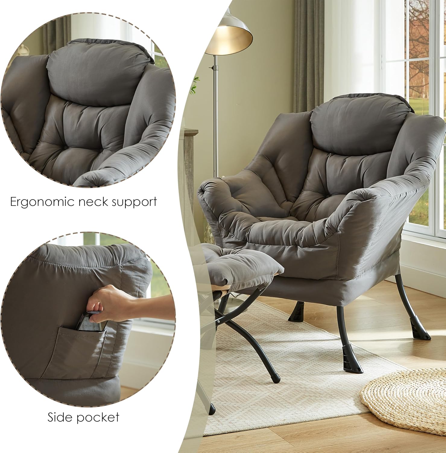 HollyHOME Lazy Chair with Foldable Ottoman, Accent Comfy Lounge Armchair and Folding Footrest Stool, Leisure Sofa Reading Chair and Footstool for Living Room, Bedroom, Dorm,Dark Grey