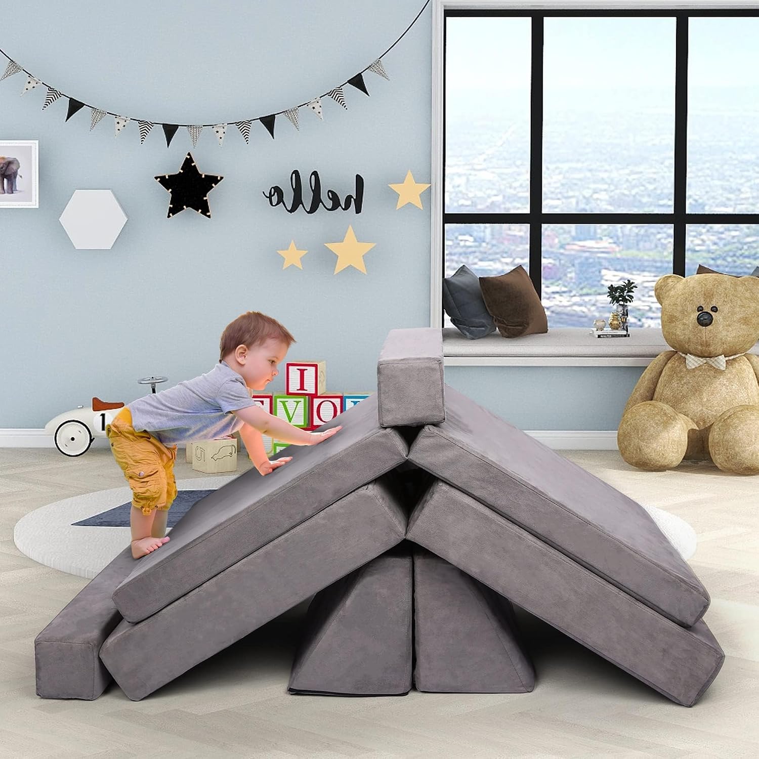 Betterhood Modular Kids Play Couch, Kids Couch Building Fort for Playroom, Children Convertible Foam Cushion for Boys and Girls (Square Armrest, Grey)