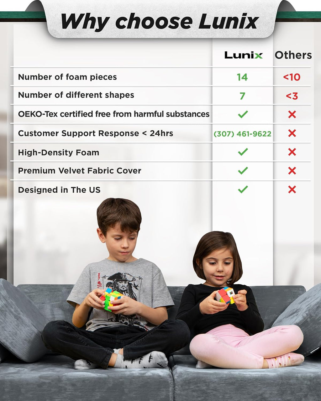 Lunix LX15 14pcs Modular Kids Play Couch, Design-Patent Child Sectional Sofa, Fort-Play Bedroom & Playroom Furniture for Toddlers, Convertible Foam, Washable Covers, OEKO-TEX & CertiPUR-US, Stone Gray