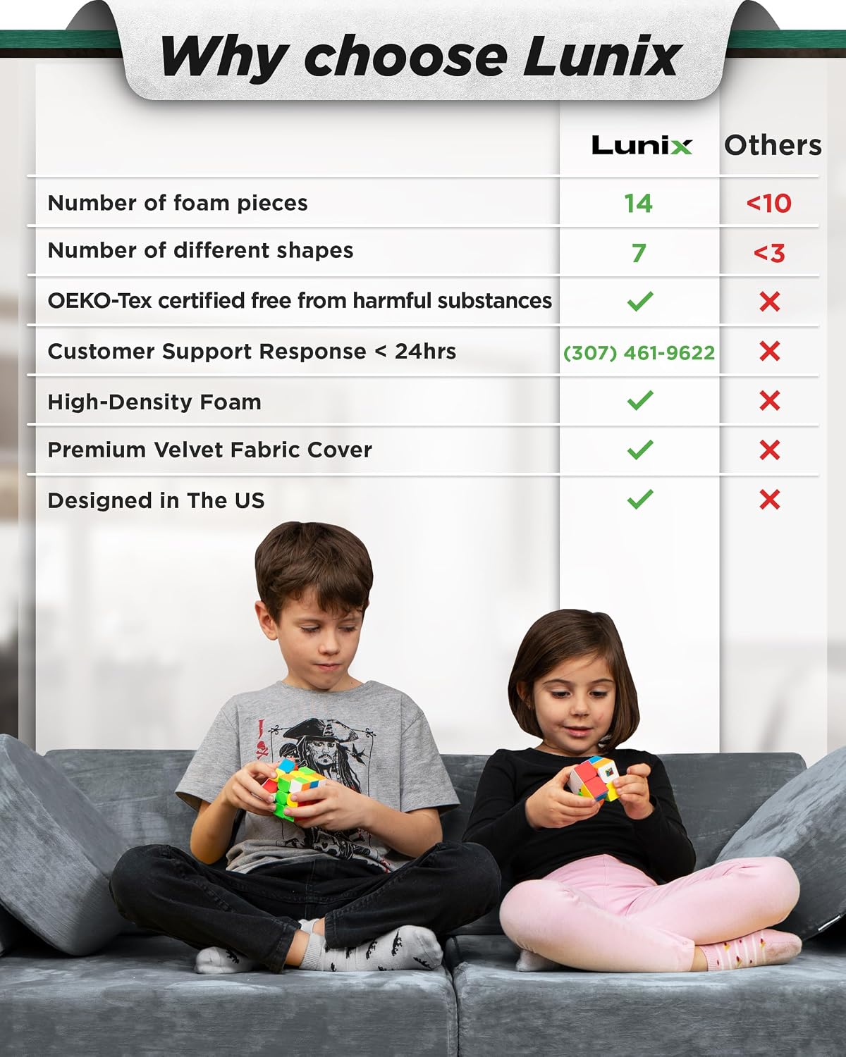 Lunix LX15 14pcs Modular Kids Play Couch, Design-Patent Child Sectional Sofa, Fort-Play Bedroom & Playroom Furniture for Toddlers, Convertible Foam, Washable Covers, OEKO-TEX & CertiPUR-US, Stone Gray