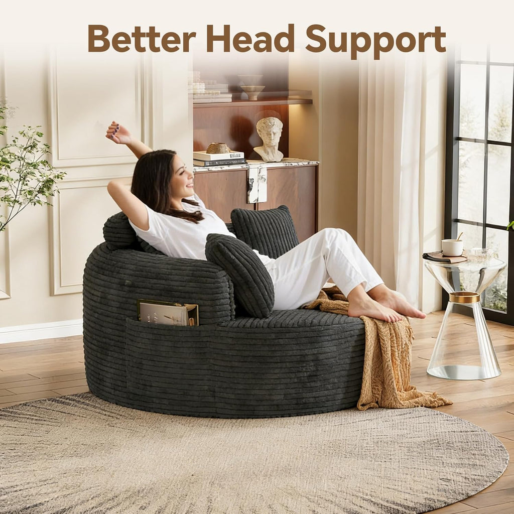 55" Oversized Round Chaise Lounge Chair Indoor, Upholstered Plush Deep Seat Circle Single Cloud Lounge Floor Sofa Chair with 4 Pillows with Side Pocket, Living Room, Bedroom Apartment, Dark Gray