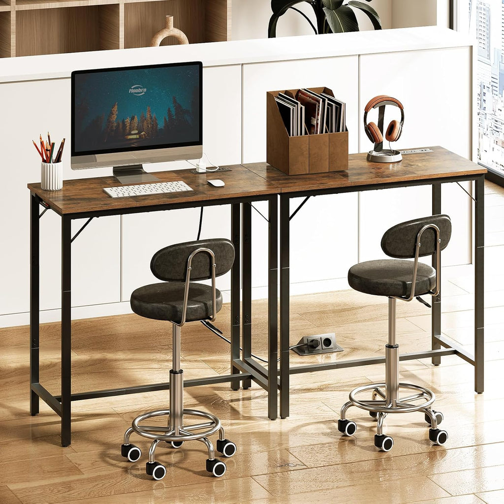 HOOBRO Bar Table with Charging Station, Rectangular Pub Table, High Top Coffee Table, Counter Bar Height Table, Narrow Long Dining Table, 35.4" L x 15.7" W x 35.6" H, Rustic Brown and Black BF90UBT01
