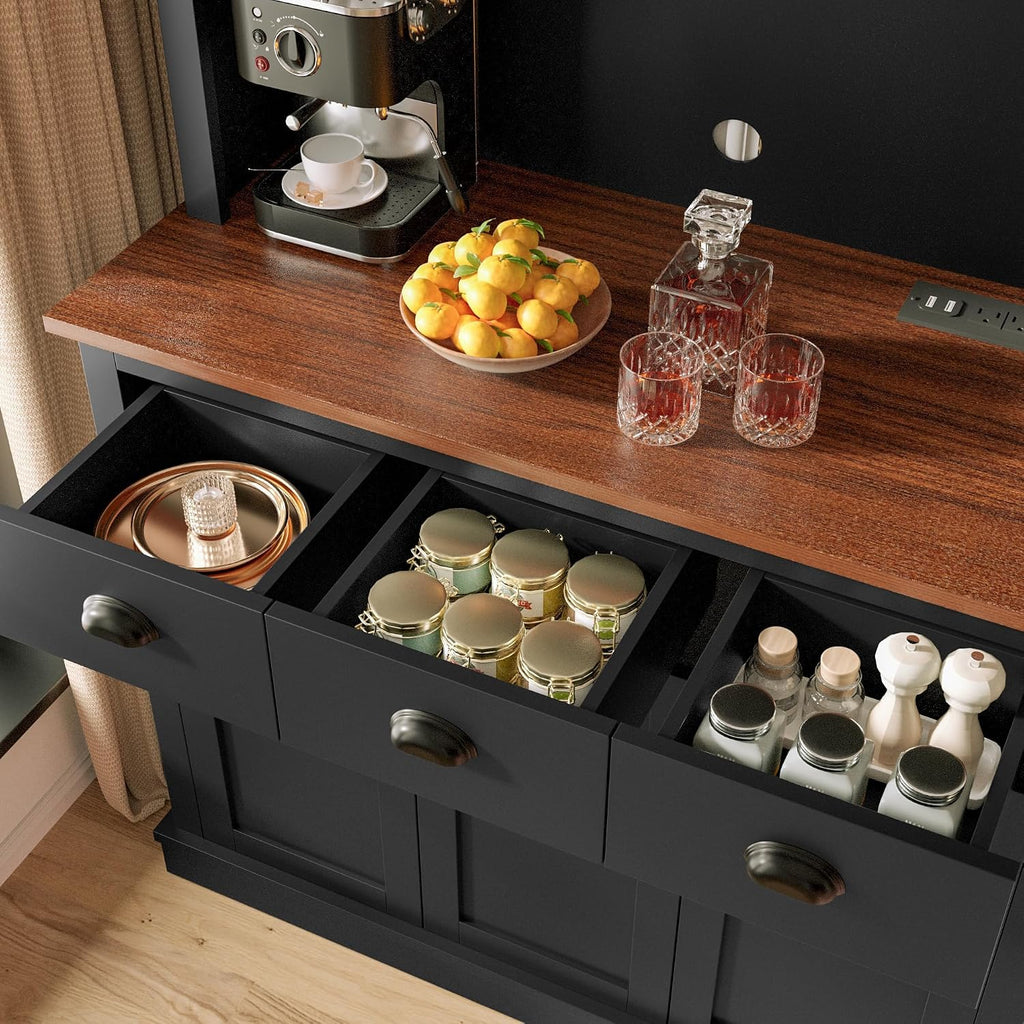 MU 71" Kitchen Pantry Cabinet with Charging Station, Tall Pantry Hutch with Drawers, Countertop & Microwave Shelf, Food Storage Cabinet for Dining Room & Coffee Bar, Black