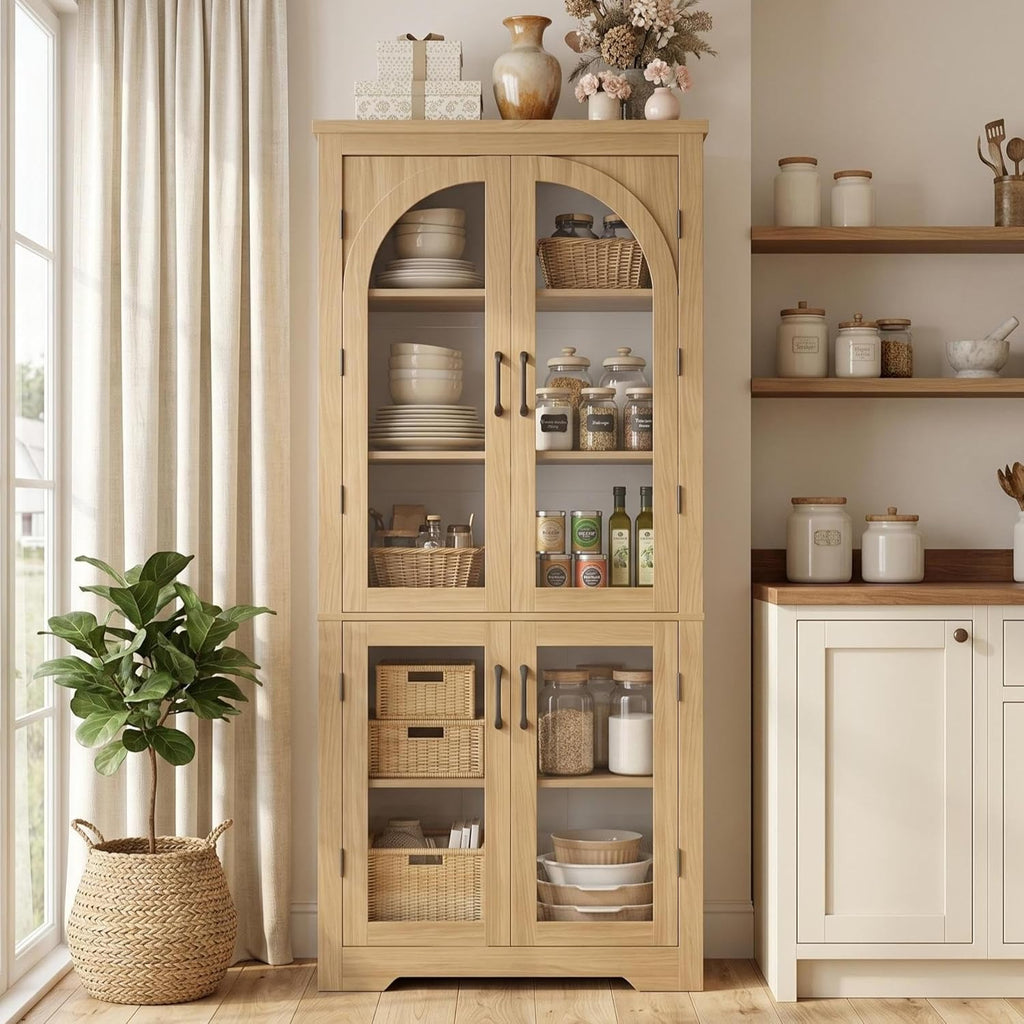70" Kitchen Pantry Storage Cabinet - Modern Display Pantry Storage with 4 Arched Glass Doors and Adjustable Shelves, Versatile Cupboard Organizers for Kitchen, Dining Room, Living Room, Natural