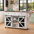 RALGEND Kitchen Island with Storage, 55" Kitchen Cart with Charging Station, Rolling Kitchen Island Table with Drop-Leaf, 3 Drawers, Barn Doors, Towel Rack and Spice Rack, White and Walnut