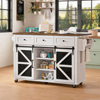 RALGEND Kitchen Island with Storage, 55" Kitchen Cart with Charging Station, Rolling Kitchen Island Table with Drop-Leaf, 3 Drawers, Barn Doors, Towel Rack and Spice Rack, White and Walnut