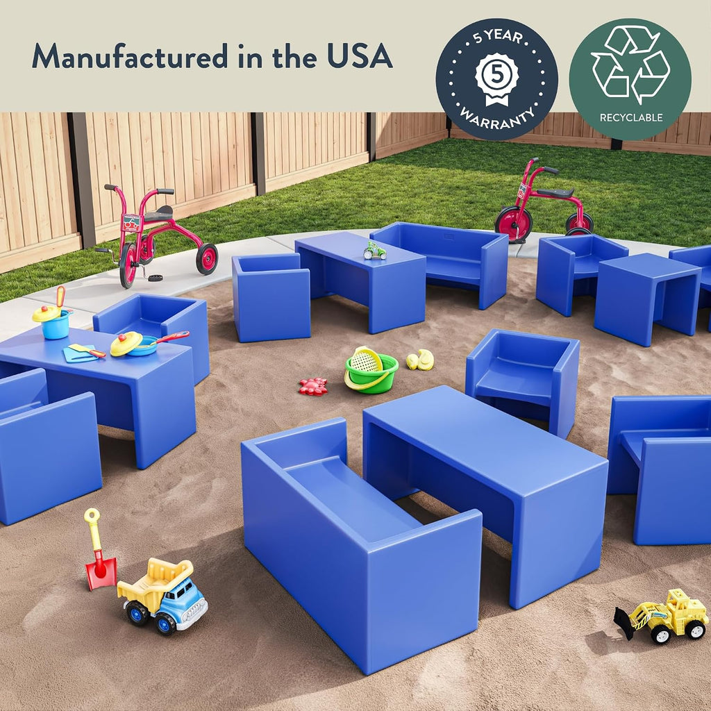 Children's Factory Cube Chairs and Adapta-Bench Bundle, Kids Flexible Seating, Classroom, Preschool and Daycare Furniture, Indoor or Outdoor Toddler Chairs, 3 Pack in Blue