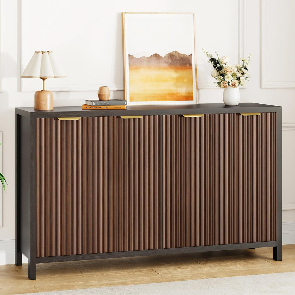 Fluted Buffet Cabinet with Storage, 55" Sideboard Cabinet with 4 Doors, Modern Credenza Accent Console Cabinet Coffee Bar Table for Living Room Dining Room Hallway, Dark Walnut