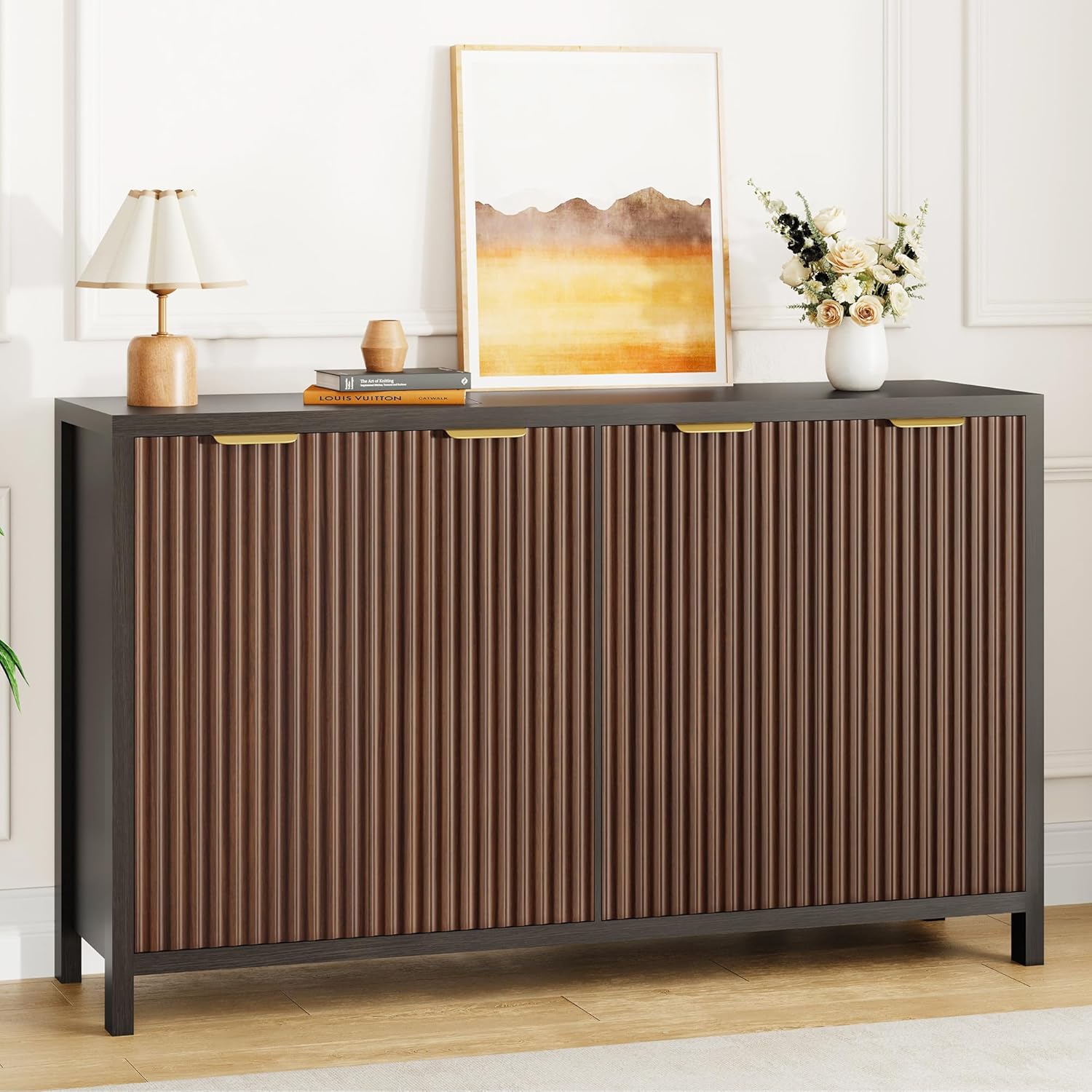 Fluted Buffet Cabinet with Storage, 55" Sideboard Cabinet with 4 Doors, Modern Credenza Accent Console Cabinet Coffee Bar Table for Living Room Dining Room Hallway, Dark Walnut
