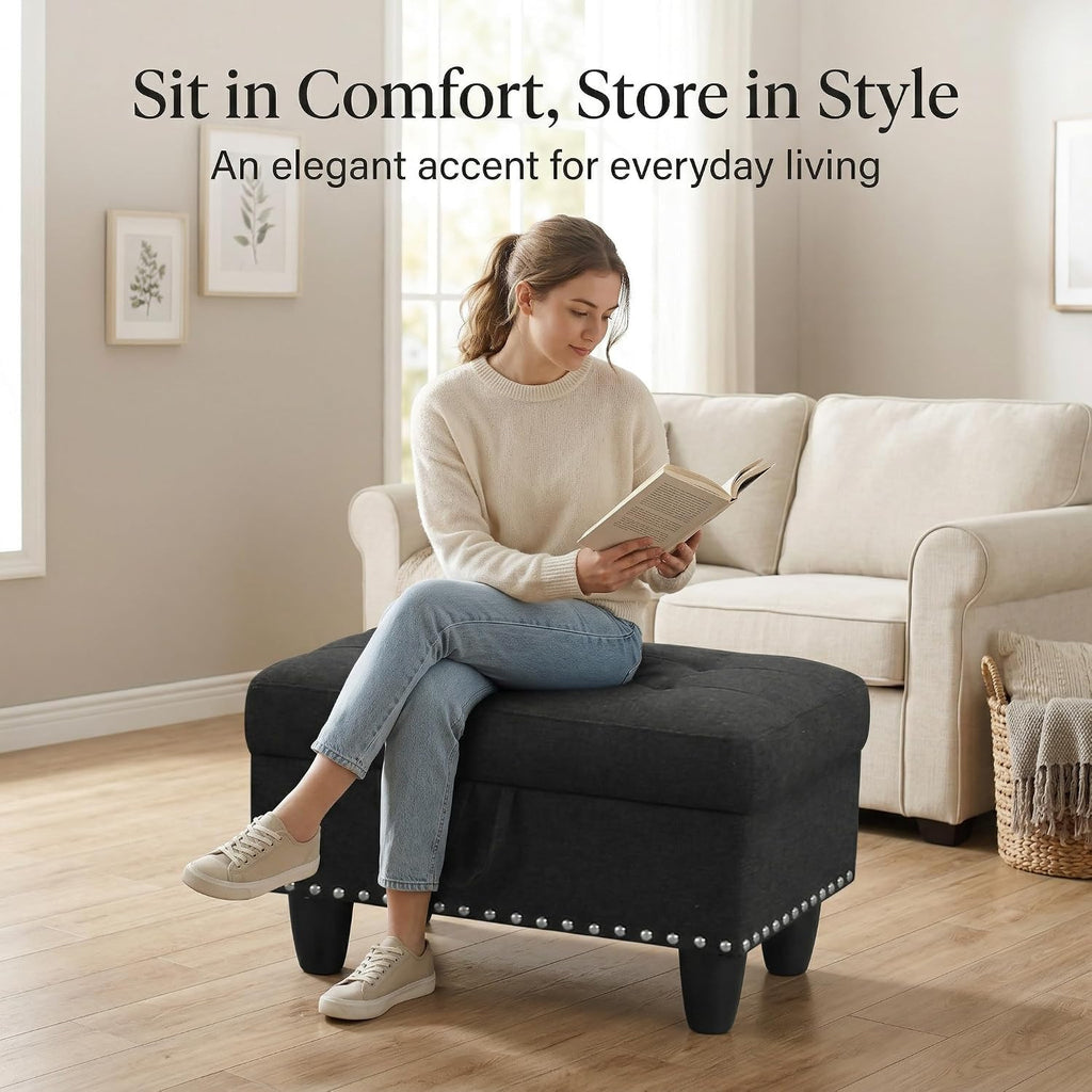 28.5 Inch Storage Ottoman Bench, Upholstered Ottoman with Hidden Storagefor Bedroom Living Room, End of Bed Foot Rest Stool, Charcoal Gray