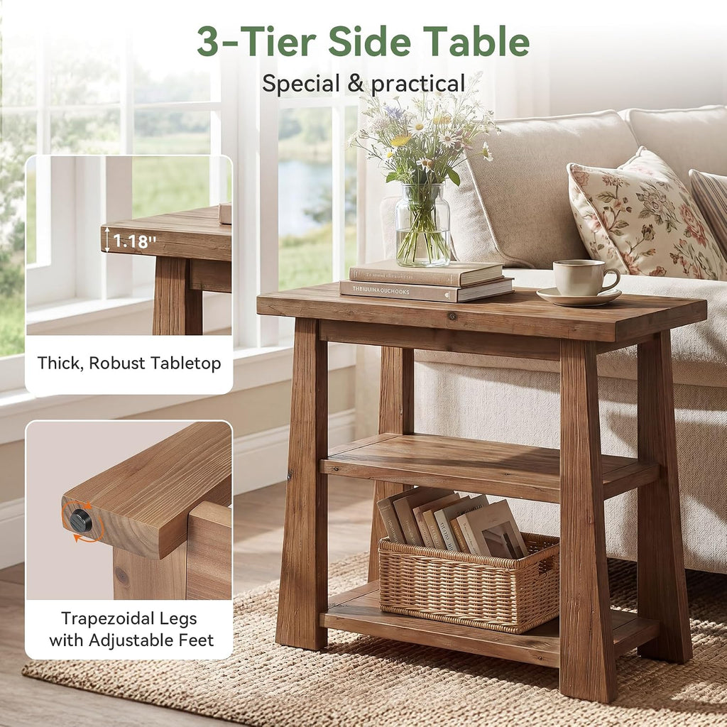 27.55 Inches Solid Wood End Table Set of 2, Rustic Nightstand with Open Storage Shelves, 3-Tier Narrow Sofa Side Table for Living Room, Bedroom, Small Spaces