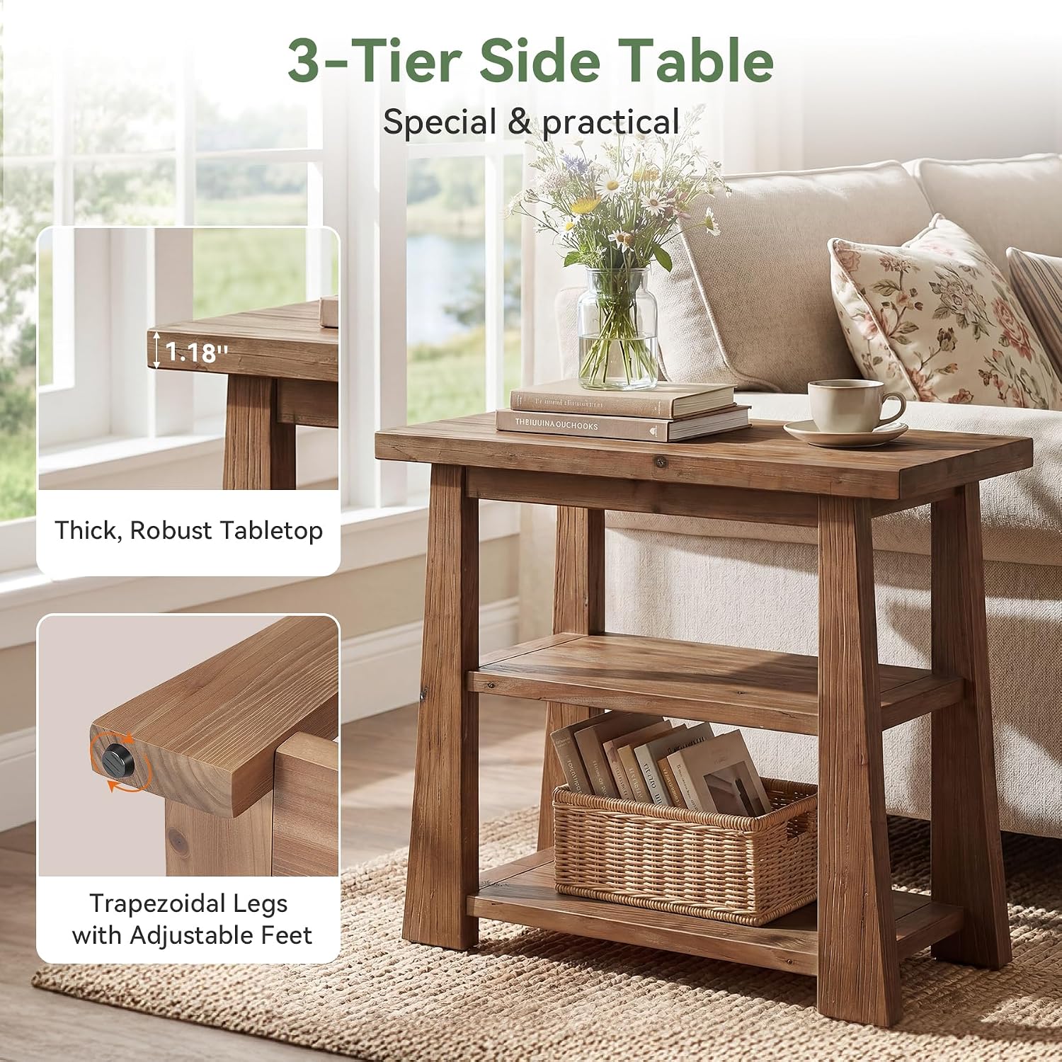 27.55 Inches Solid Wood End Table Set of 2, Rustic Nightstand with Open Storage Shelves, 3-Tier Narrow Sofa Side Table for Living Room, Bedroom, Small Spaces