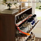 Shoe Storage Cabinet with 2 Flip Drawers, Narrow Wood Shoe Organizer Cabinet with Fluted Panel, Slim Shoe Rack for Entryway, Freestanding Shoe Cabinet for Living Room, Hallway, Walnut