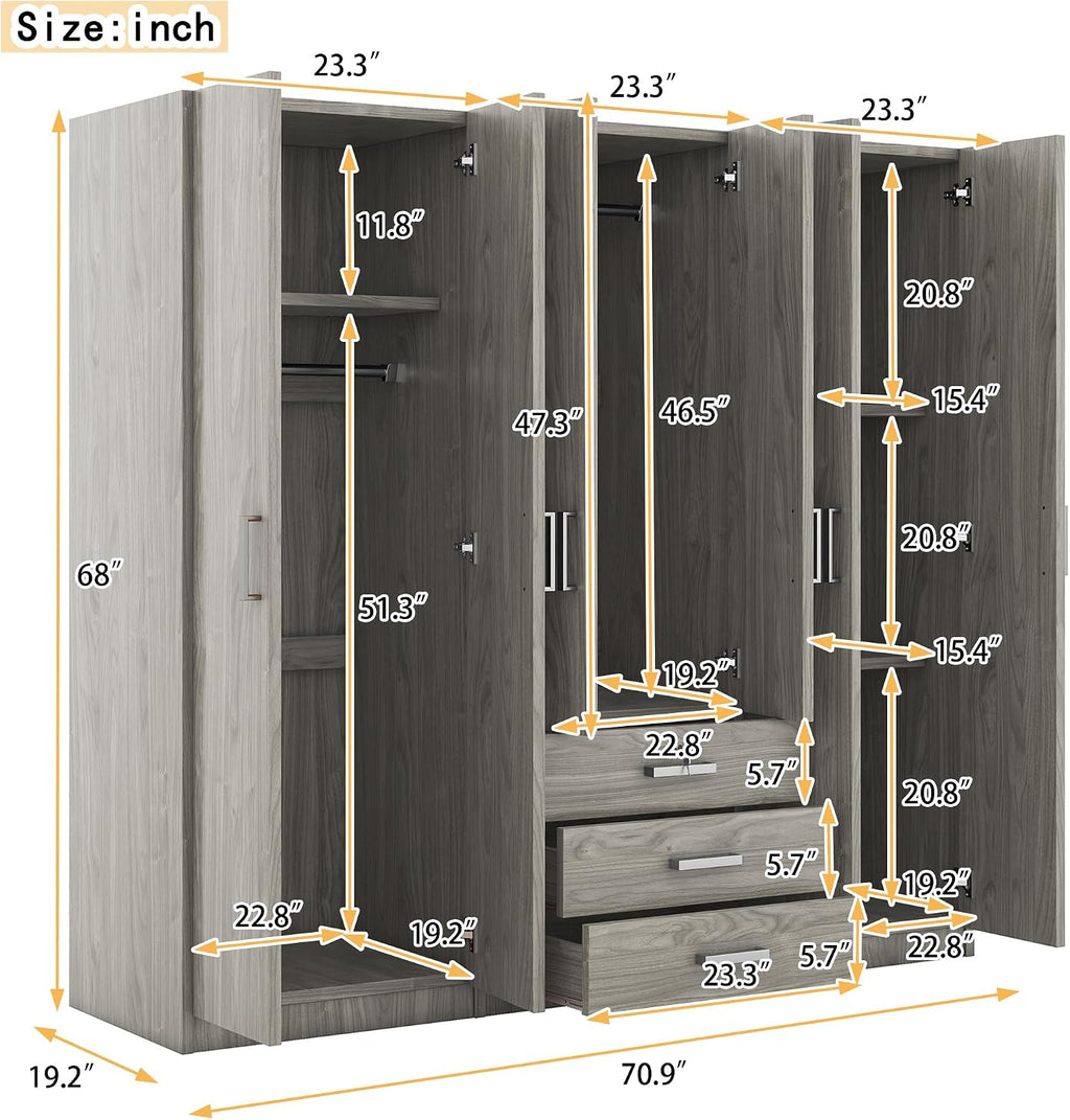 6-Door Wooden Wardrobe, Maximize Bedroom Storage with a Modern, Clean Design and Big Drawers (Gray)