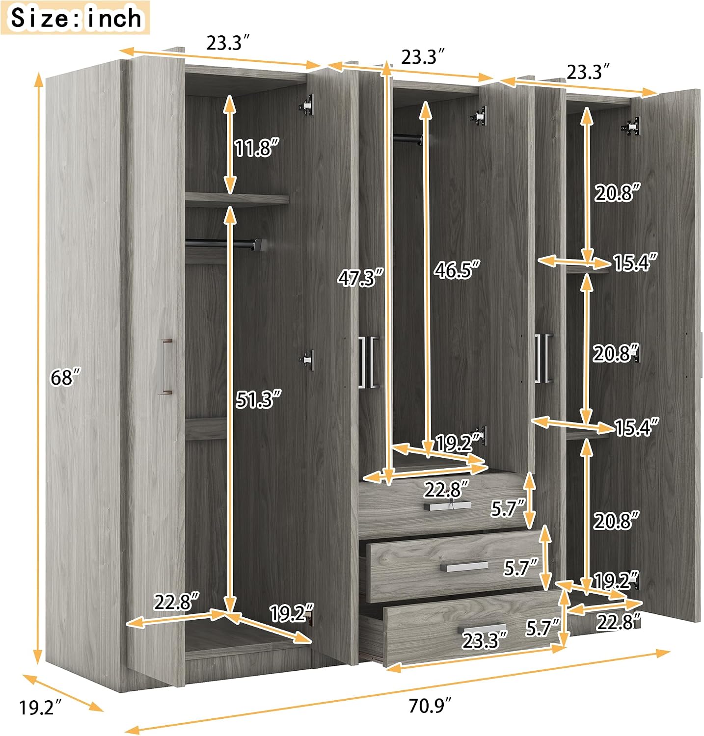 6-Door Wooden Wardrobe, Maximize Bedroom Storage with a Modern, Clean Design and Big Drawers (Gray)