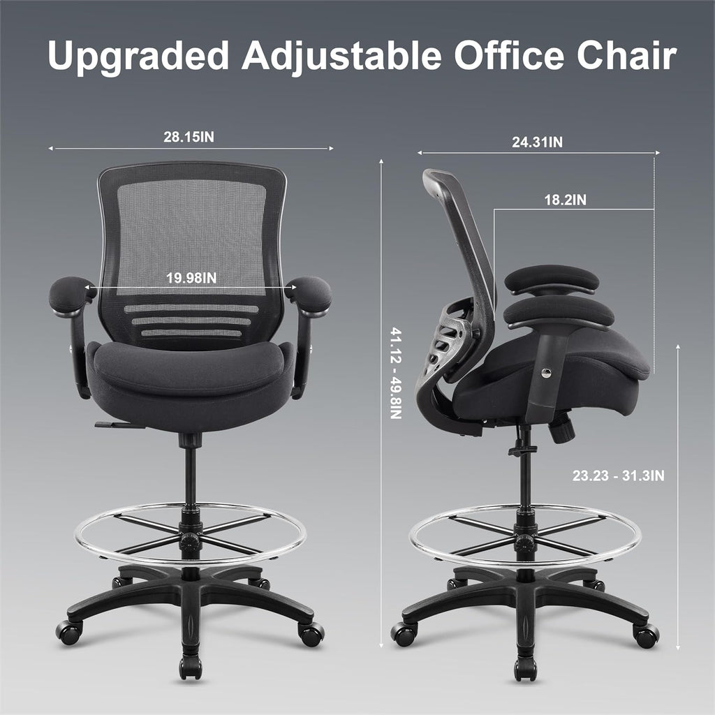400lbs Office Drafting Chair Wide Dual Seat Cushion for High Standing Desk with Lumbar Support and Enlarged Adjustable Footrest-Black