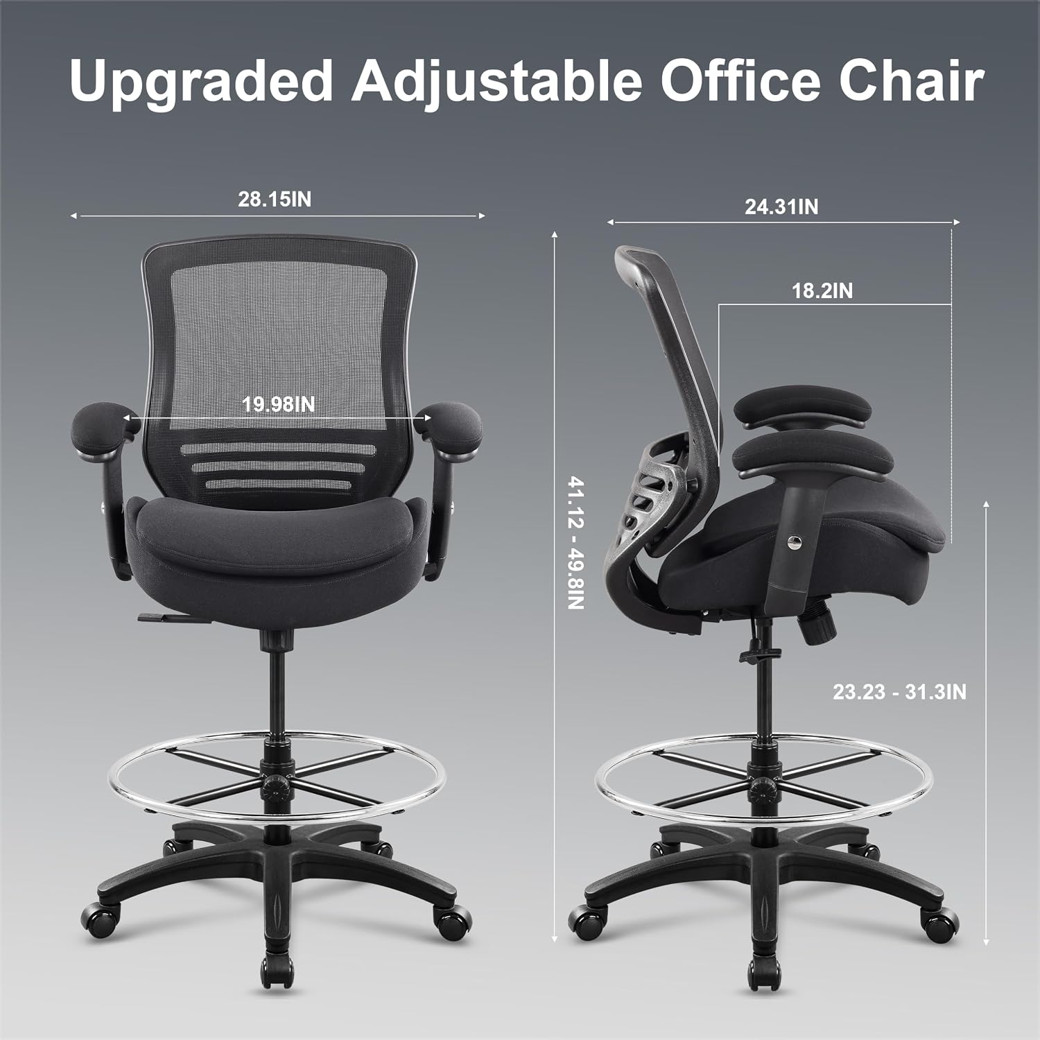 400lbs Office Drafting Chair Wide Dual Seat Cushion for High Standing Desk with Lumbar Support and Enlarged Adjustable Footrest-Black