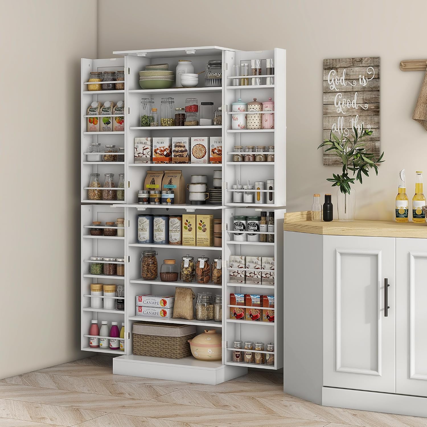 65" Kitchen Pantry Cabinet, Modern Storage Cabinet with Doors and Shelves, Freestanding Cupboard for Dining Room, White,13.8 * 23.6 * 65.4