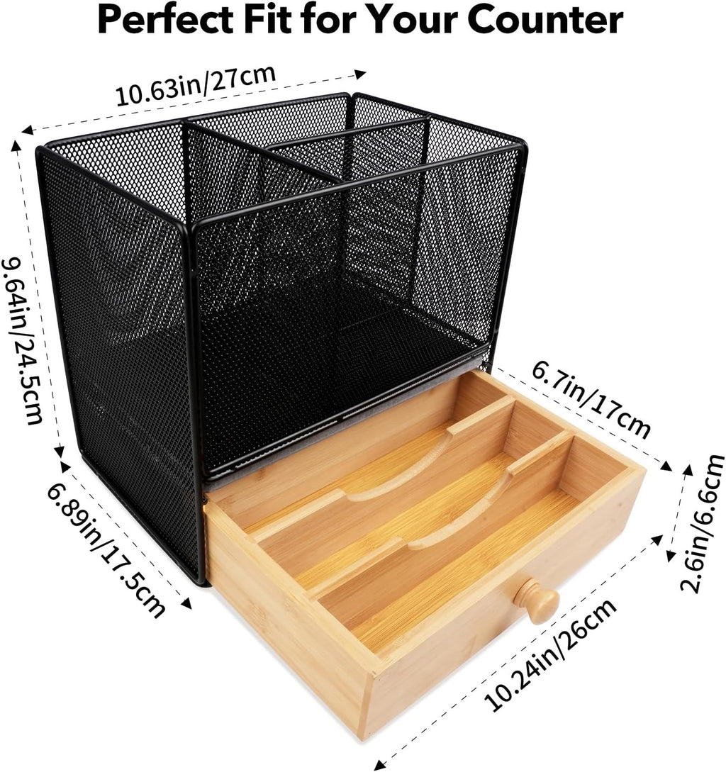 Kitchen Utensil Holder Countertop, Extra Large Utensil Organizer with Drawer, 2 Tier Utensil & Silverware Holder for Counter, Countertop Organizer for Cooking Utensil Cutlery, Quick Dry Diatomite Base