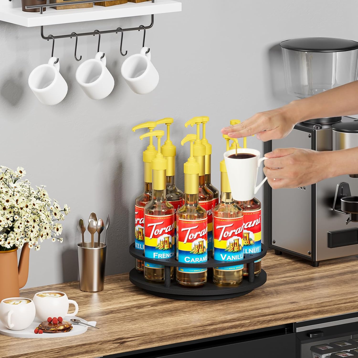 THYGIFTREE Rotating Coffee Syrup Organizer for Countertop, 9-Bottle Wooden Syrup Rack & Bottle Holder for Coffee Bar Station, Turntable Display Stand, Black