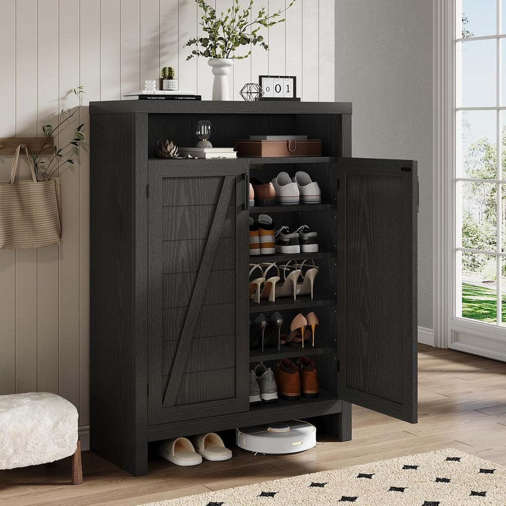 ONBRILL 6-Tier Shoe Cabinet with Doors, Farmhouse Shoe Storage Cabinet with Adjustable Shelves, Large Capacity Wooden Shoe Rack Organizer for Entryway, Hallway, Living Room (Black)