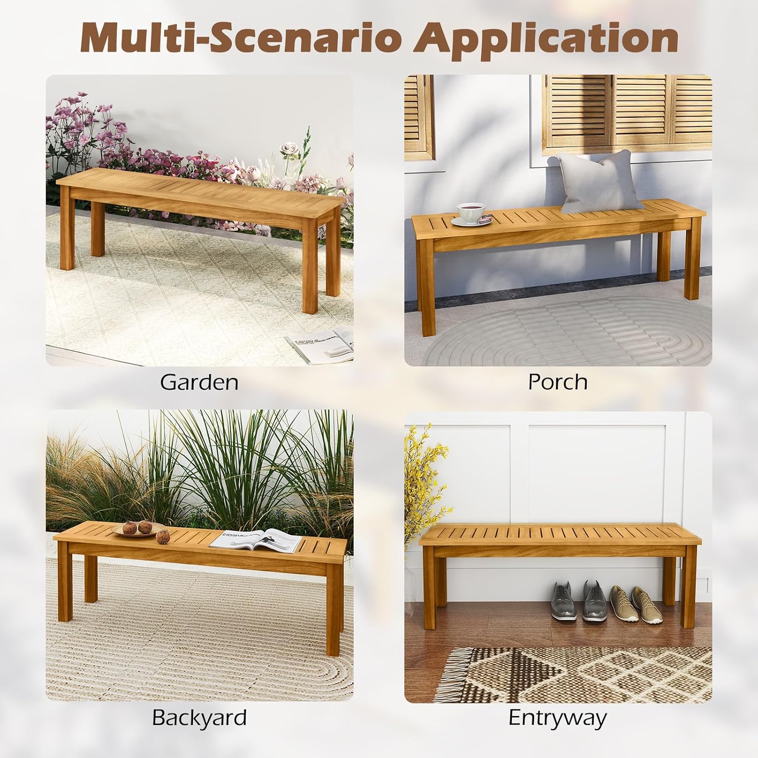 COSTWAY Outdoor Bench, 52” Backless Acacia Wood Narrow Bench for Patio, Park, Garden & Front Porch (1,52”)