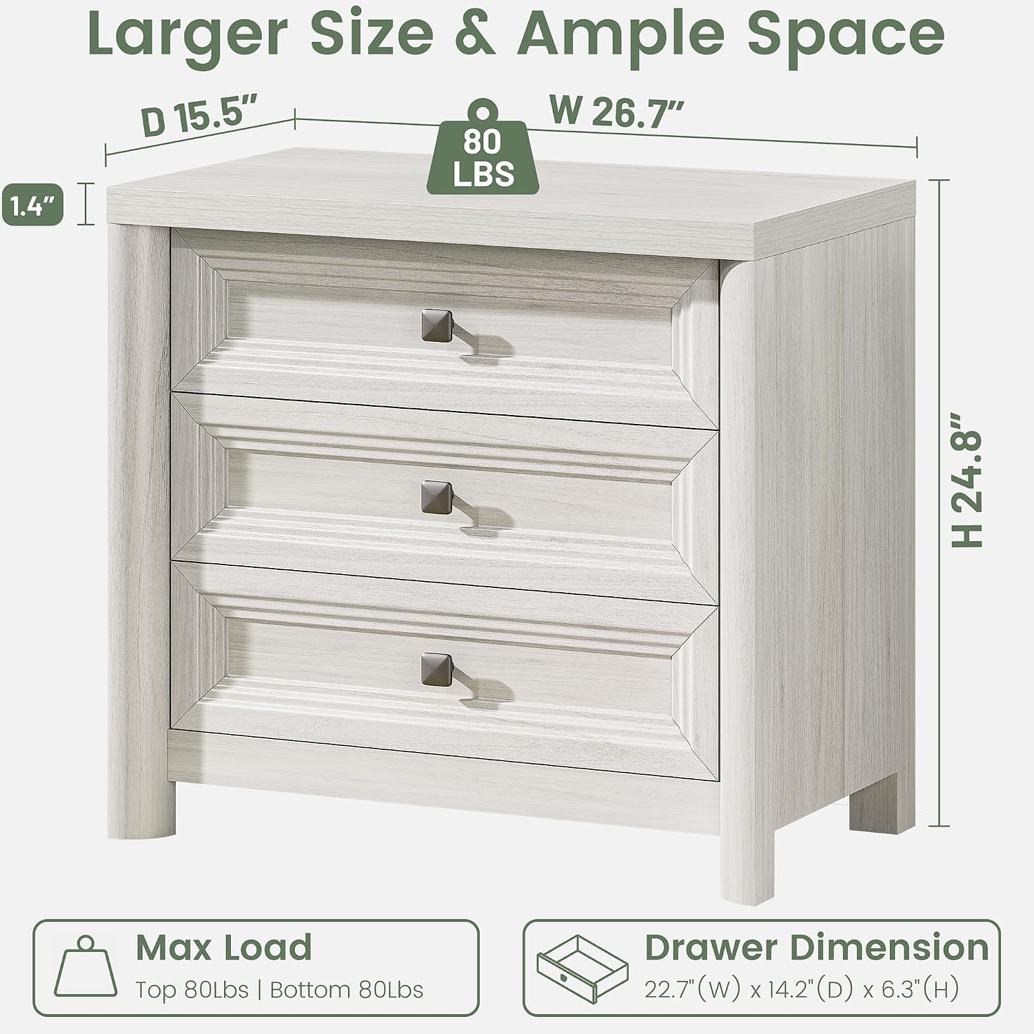 White Nightstand with 3 Drawers, Wood Night Stand with Metal Knobs, Farmhouse Bed Side Table for Bedroom, Modern End Table for Living Room Home Office Storage 1PC