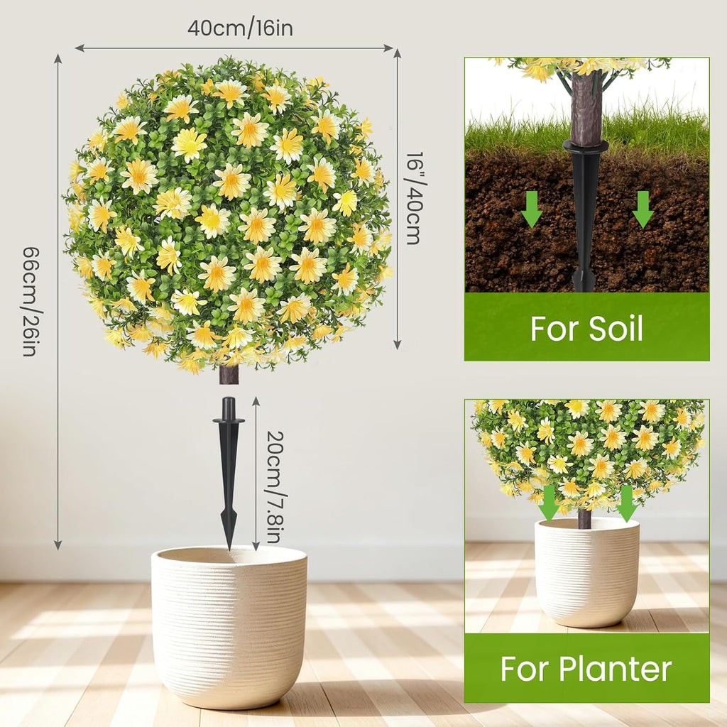 26" Artificial Yellow Boxwood Topiary Ball Tree with Ground Spike, Set of 2 Fake Fall Boxwood Bushes Shrubs Outdoor, UV Resistant Faux Greenery Trees Ball for Outdoor Front Porch Garden Decor
