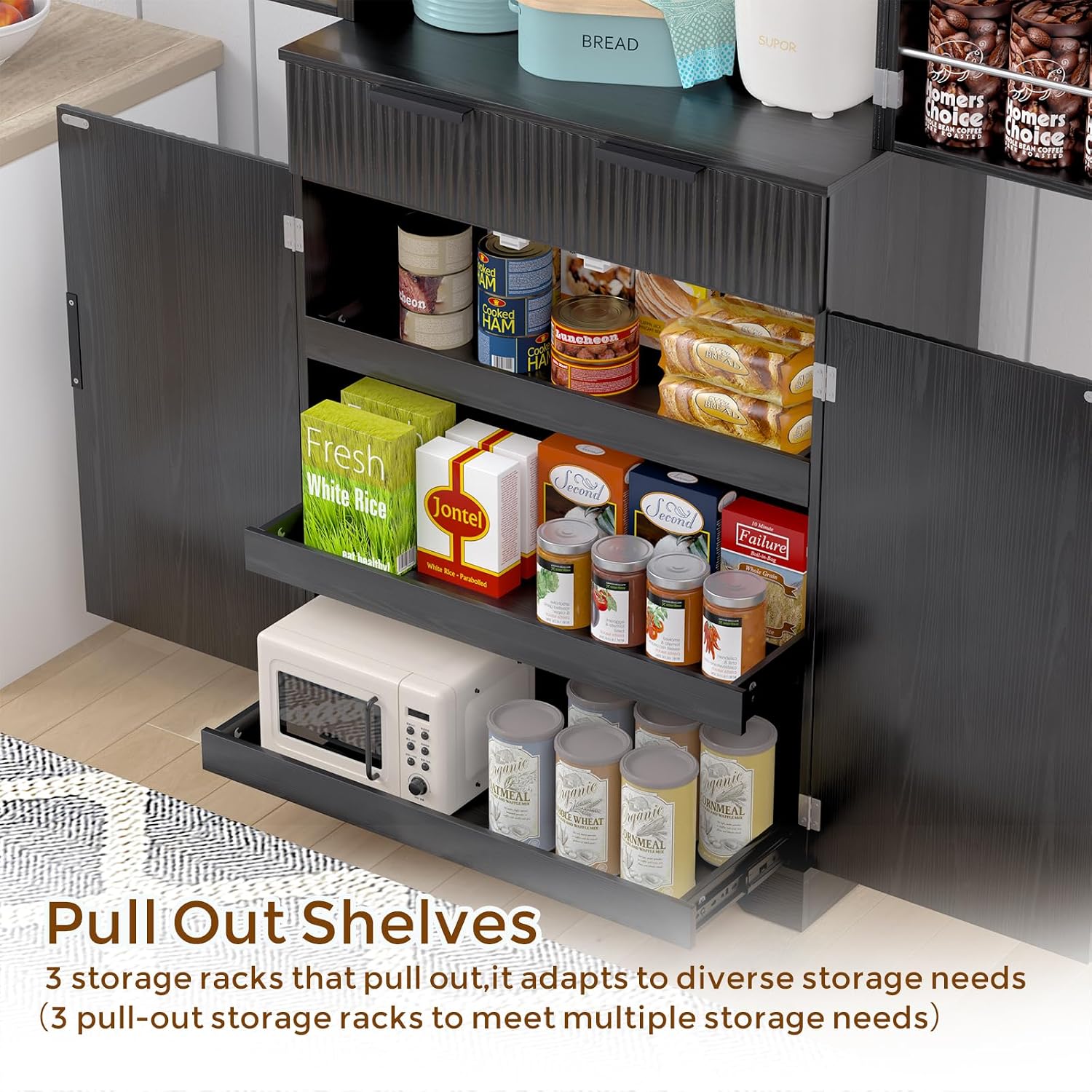 72” Kitchen Pantry Cabinet, Fluted Kitchen Cupboard with Doors and Large Drawer,Tall Storage Cabinet with Adjustable Shelves for Dining Room, Bathroom,Living Room(Black)