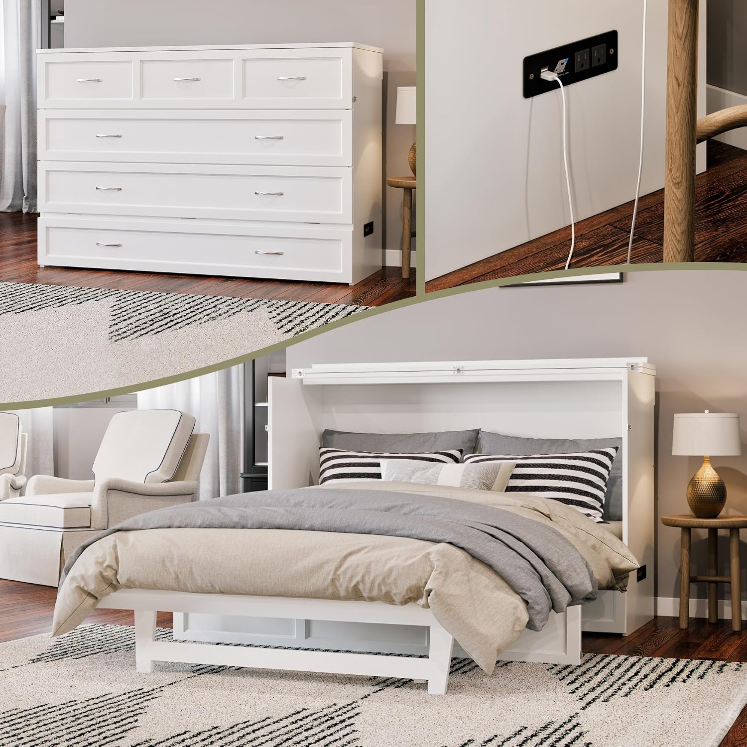 AFI, Northfield Murphy Bed Chest Queen with 6" Mattress, Storage Drawer & Built-in USB Charger, White