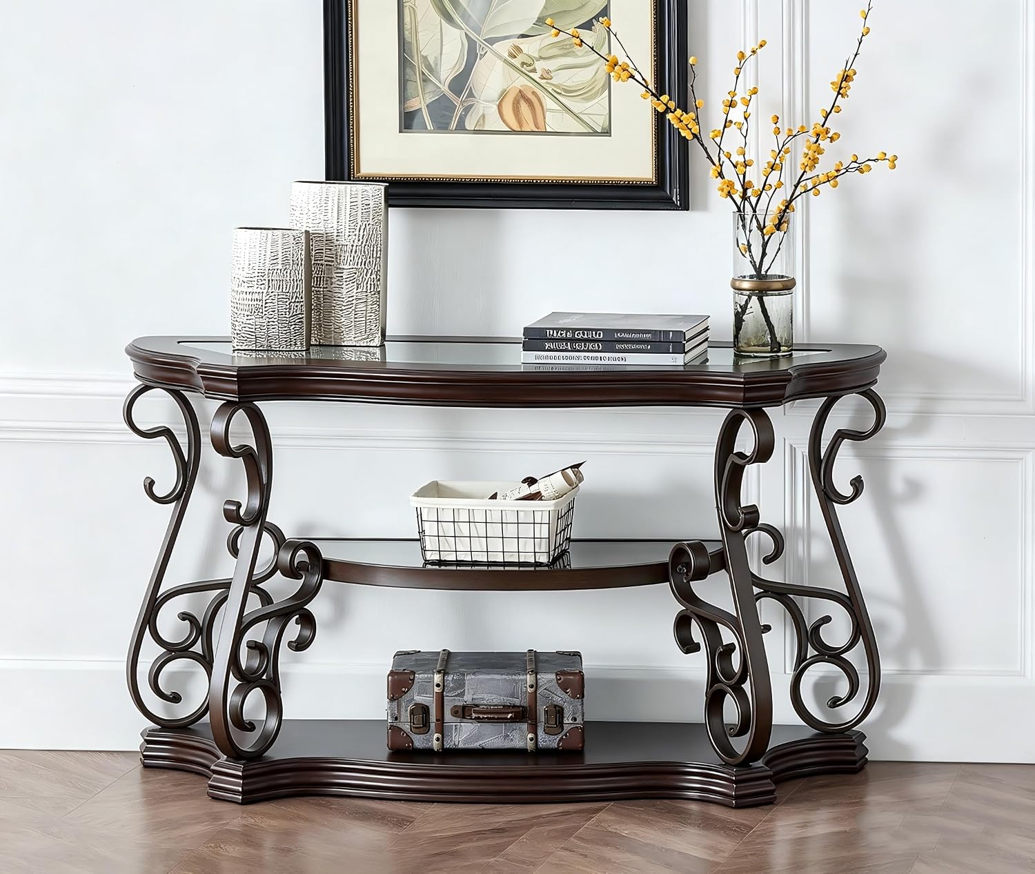 SSLine Vintage Wood Console Table Elegant Curved Rectangle Entryway Table with Tempered Glass Top & Marble Shelf Traditional 3-Tier Hallway Tables for Living Room Entrance(Dark Brown)