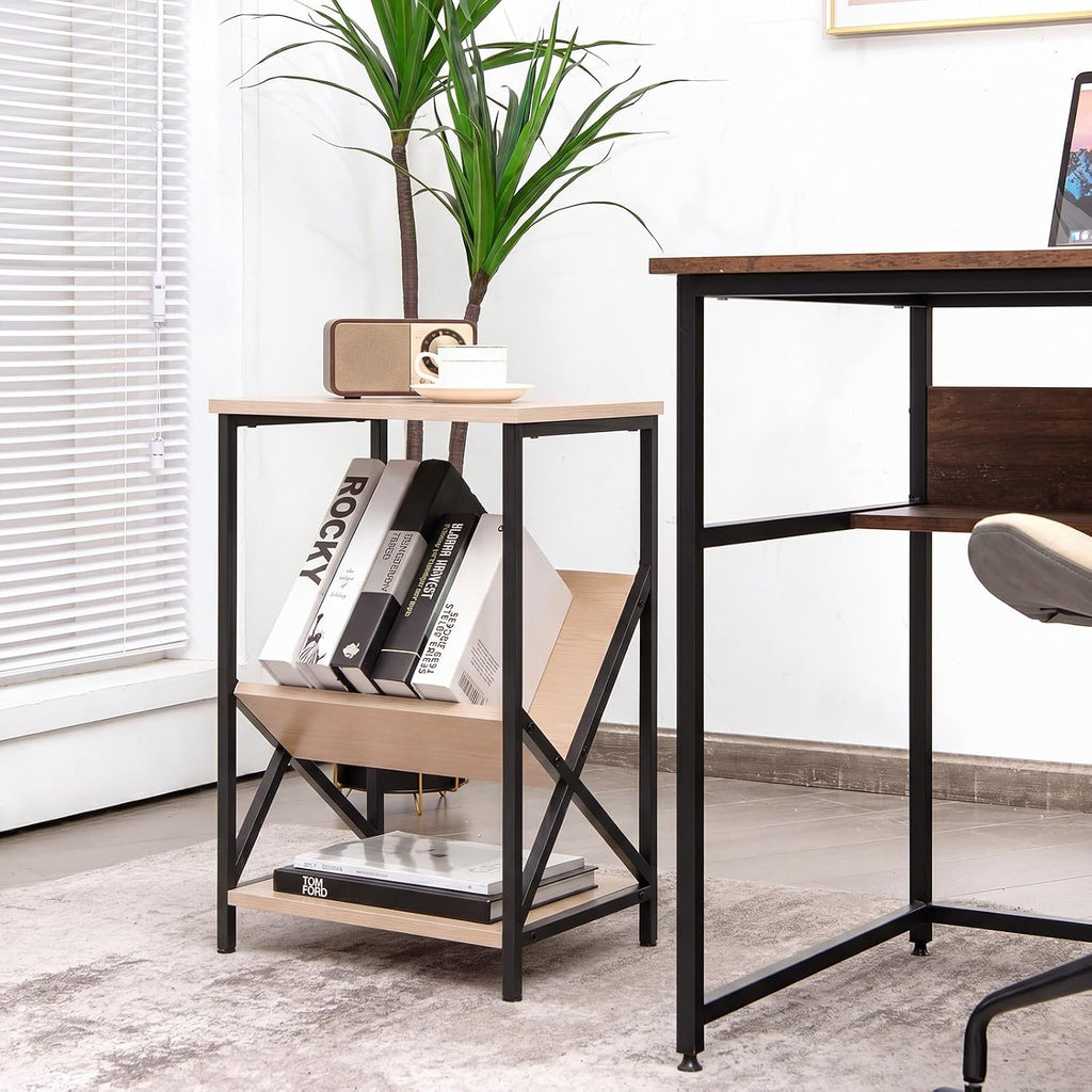 Tangkula Industrial Side Table, 3-Tier Accent End Table with Small Book Record Shelve, Metal Frame, Scratch-Resistant Top, Small Bookcase, Record Player Stand for Living Room, Bedroom (2, Beech)
