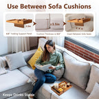 Couch Insert Tray for Middle Seat, Acacia Wood Couch Table with 2 Cup Holders, Fits Armless Sofa & Sectionals, Fold-Flat Tray for Drinks, Snacks & Remotes